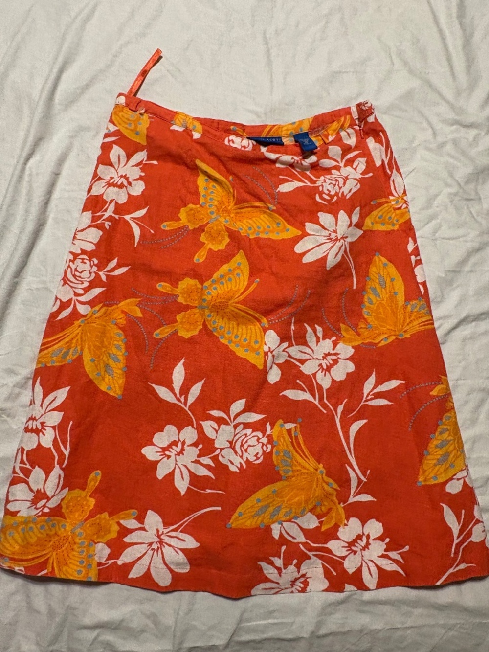 VTG 2001 Karen Scott Linen Butterfly Floral Midi Skirt Orange Y2K NWOT 8P